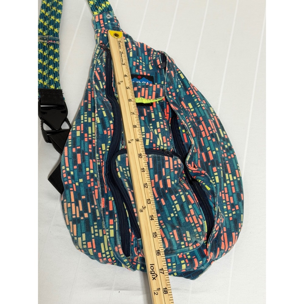 KAVU Rope Bag Geometric Pixel Print Canvas Sling Backpack Teal Orange